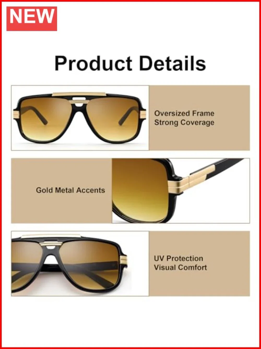 Oversized Aviator Sunglasses Square Frame Gold Metal Details Non-Polarized
